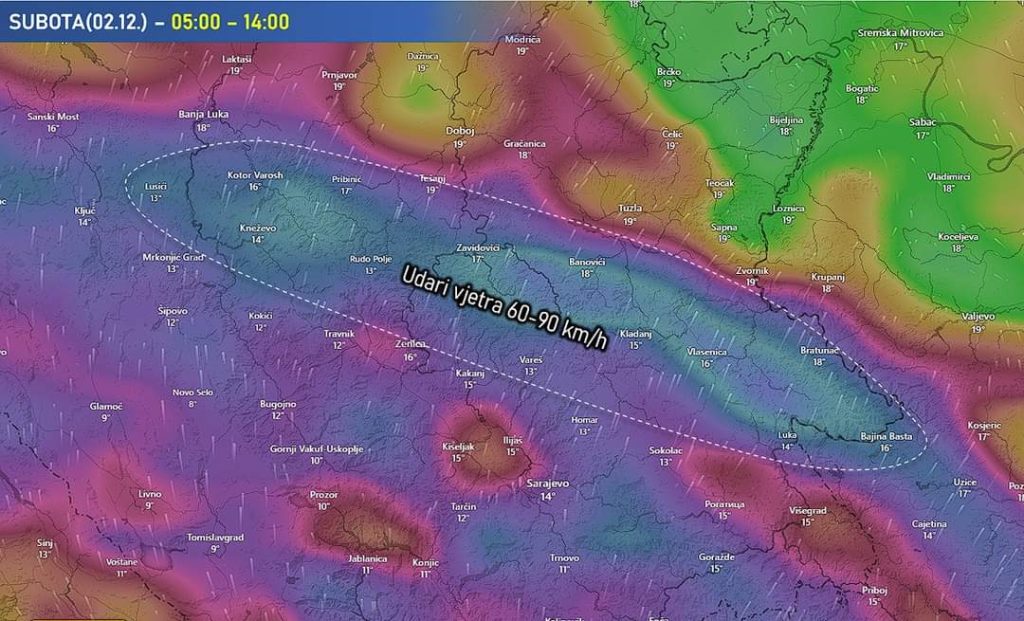 Na slici u prilogu označena potencijalno najugroženija područja što se tiče vjetra za danas.